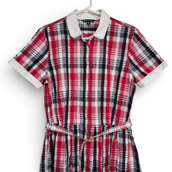 Brooks Brothers Womens Sz 12 Red Plaid Shirt Dress White Contrast Collar Belted - Picture 2 of 9